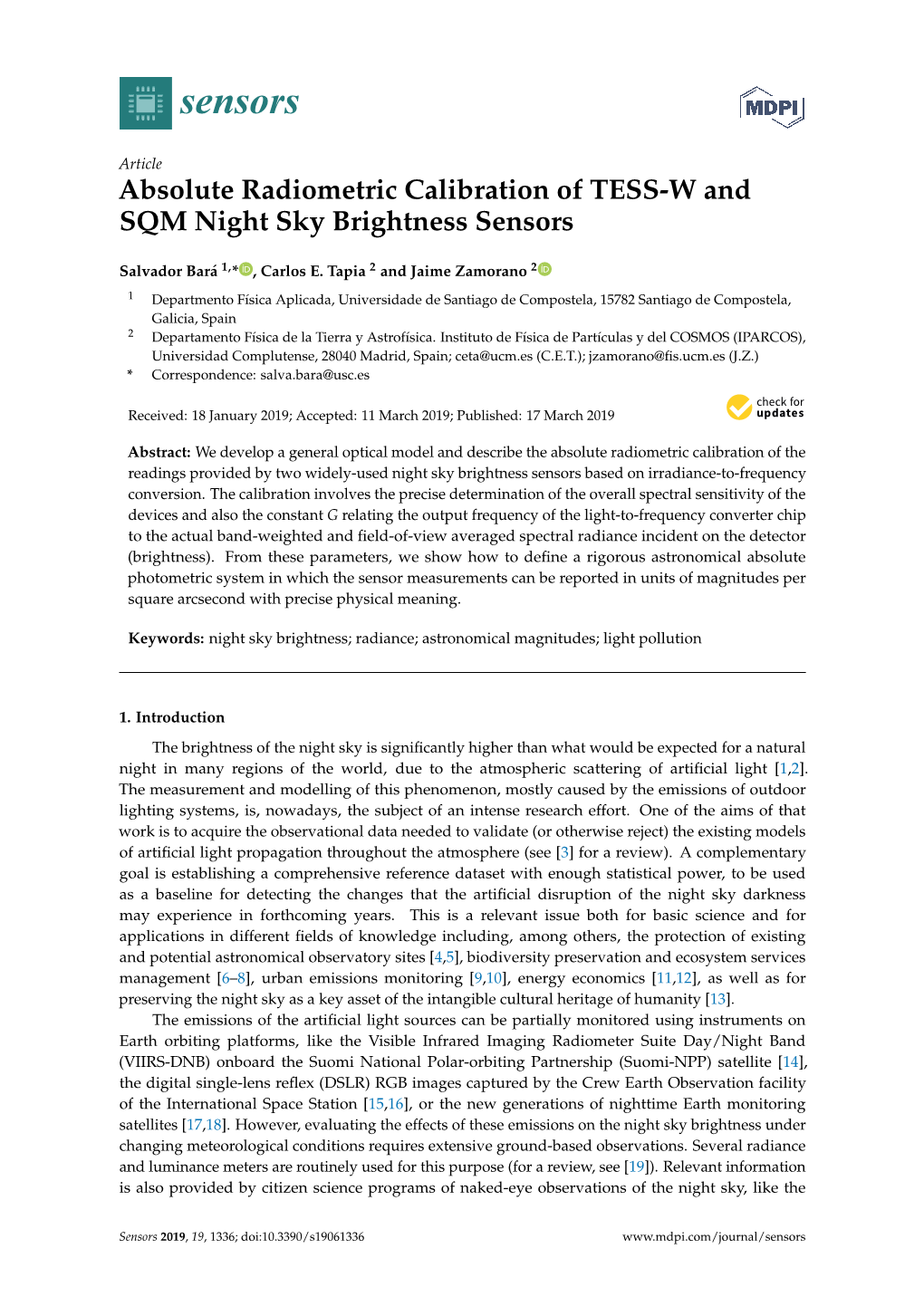 Absolute Radiometric Calibration of TESS-W and SQM Night Sky Brightness Sensors