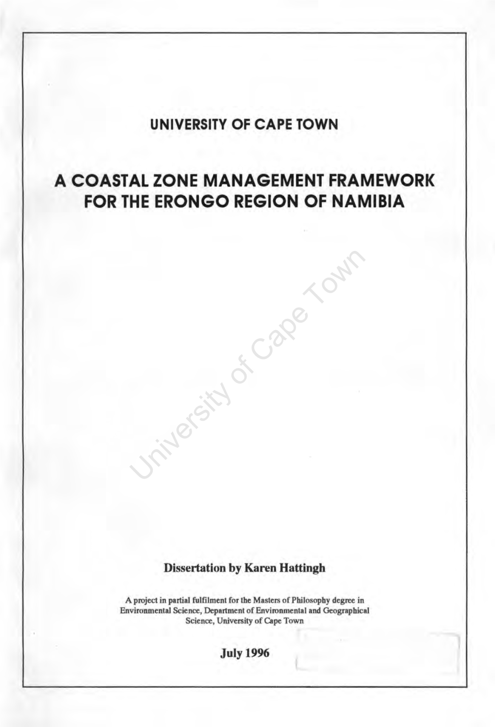 A Coast Zone Management Framework for the Erongo Region