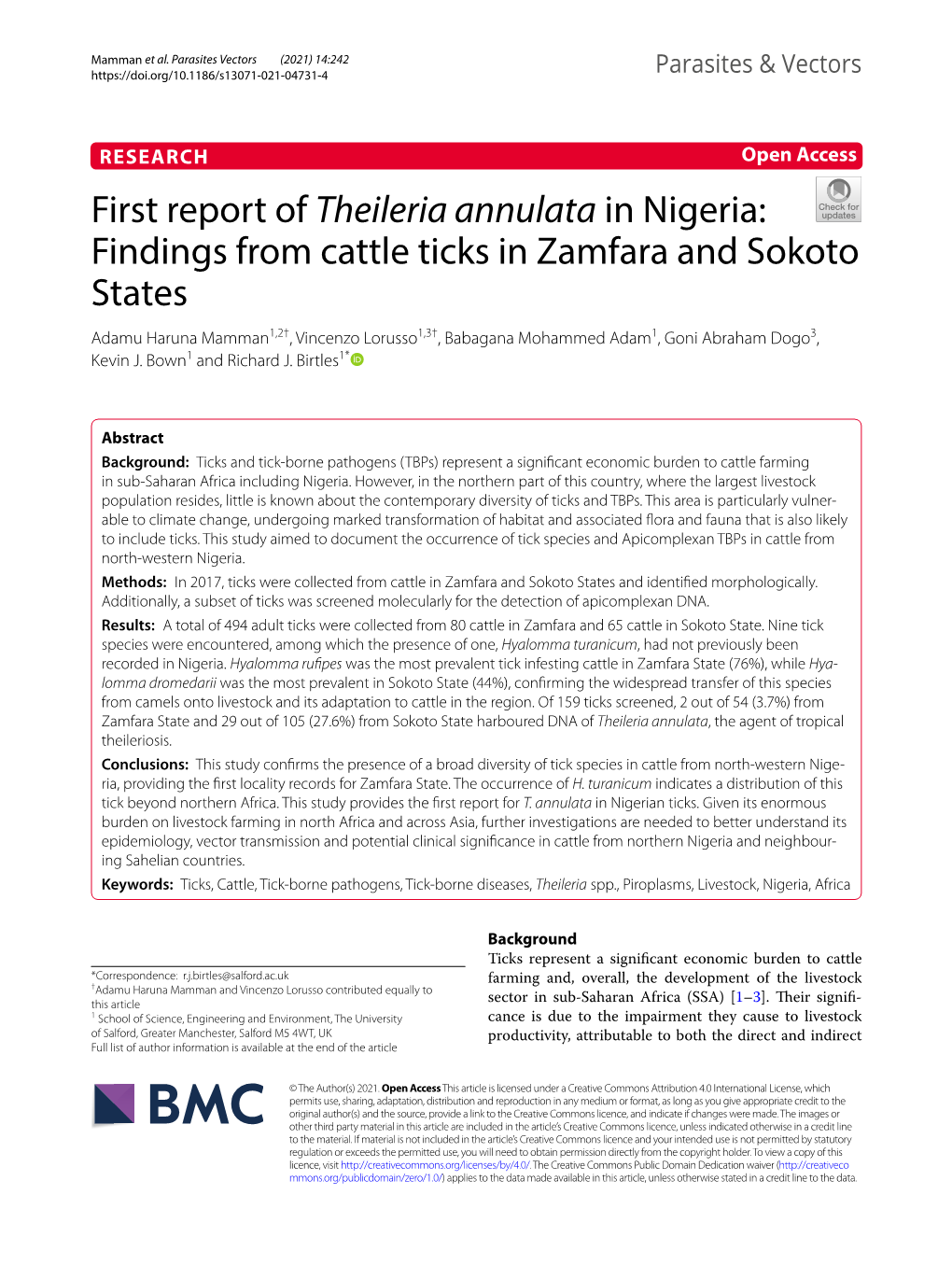 Findings from Cattle Ticks in Zamfara and Sokoto States Adamu Haruna Mamman1,2†, Vincenzo Lorusso1,3†, Babagana Mohammed Adam1, Goni Abraham Dogo3, Kevin J