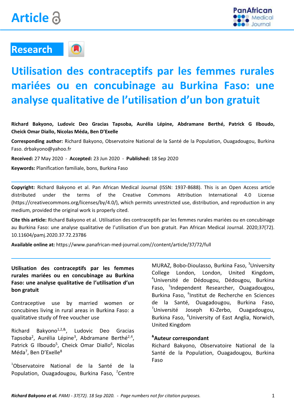 Utilisation Des Contraceptifs Par Les Femmes Rurales Mariées Ou En Concubinage Au Burkina Faso: Une Analyse Qualitative De L’Utilisation D’Un Bon Gratuit