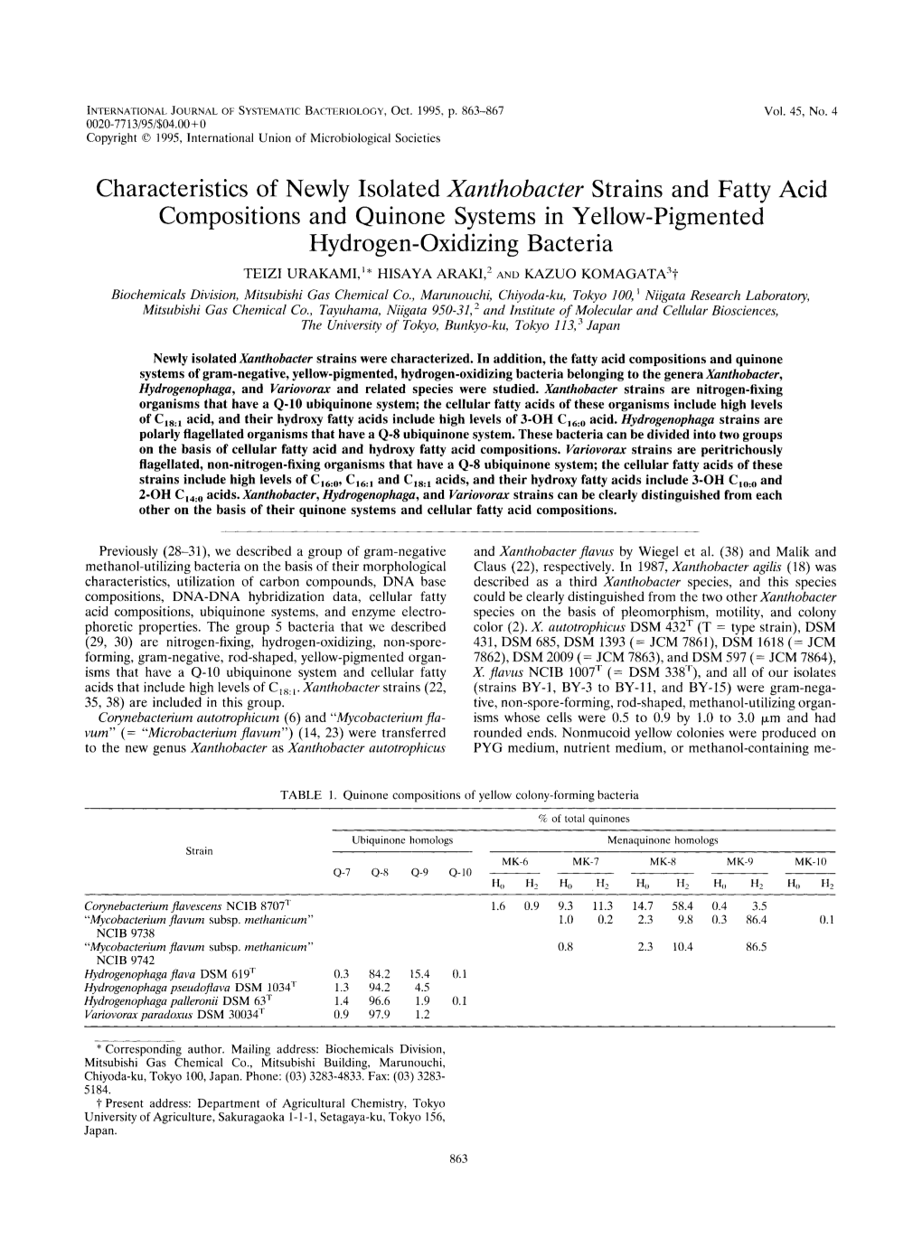 Xanthobacter Strains and Fatty Acid Compositions and Quinone Systems in Yellow-Pigmented Hydrogen-Oxidizing Bacteria