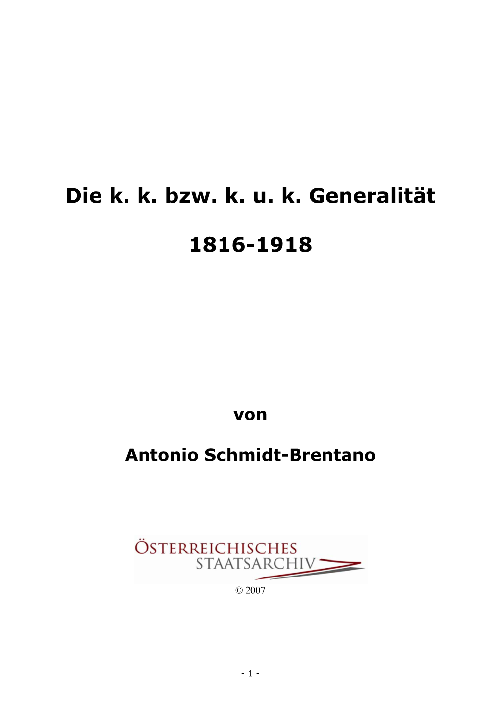 Die K. K. Bzw. K. U. K. Generalität 1816-1918