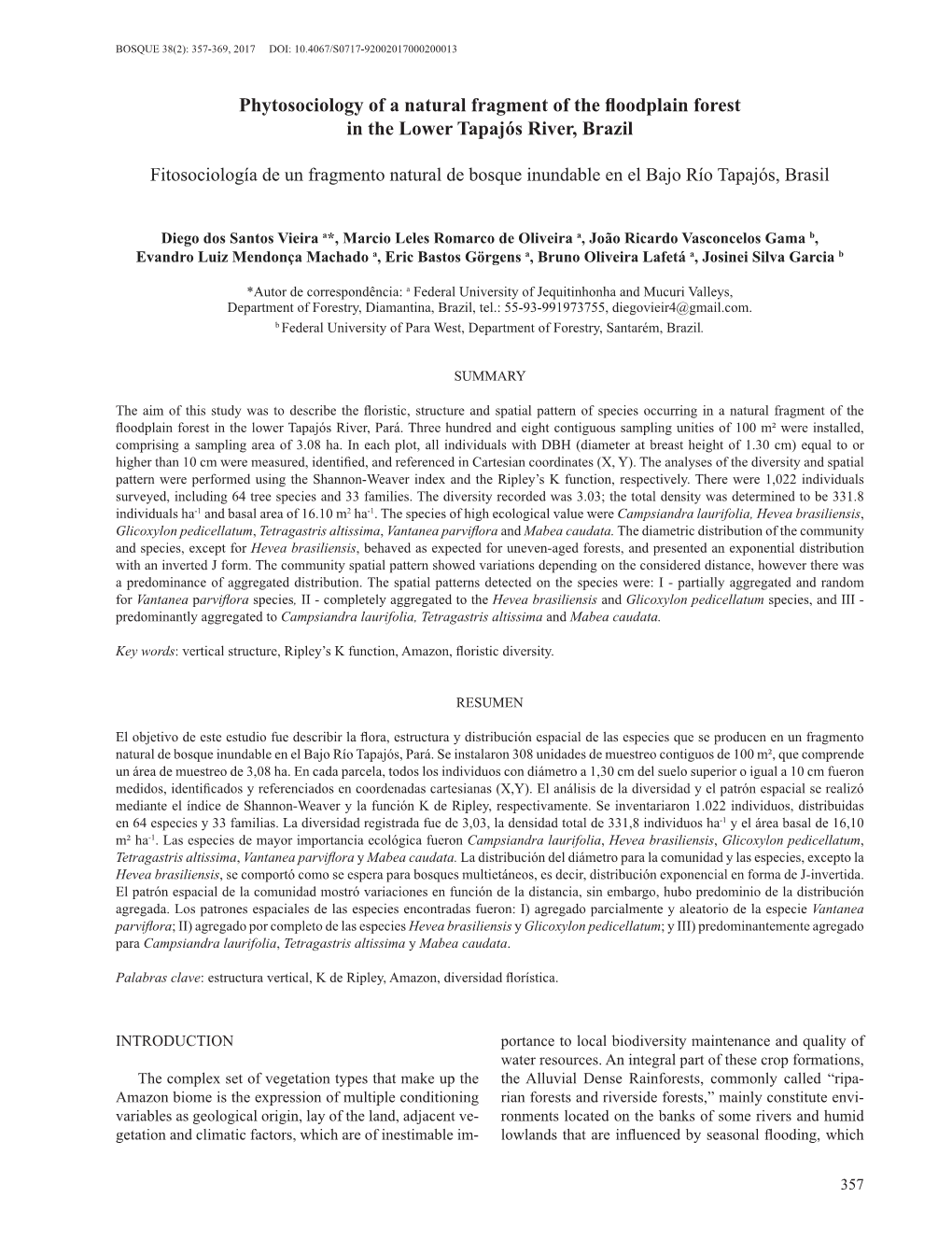 Phytosociology of a Natural Fragment of the Floodplain Forest in the Lower Tapajós River, Brazil