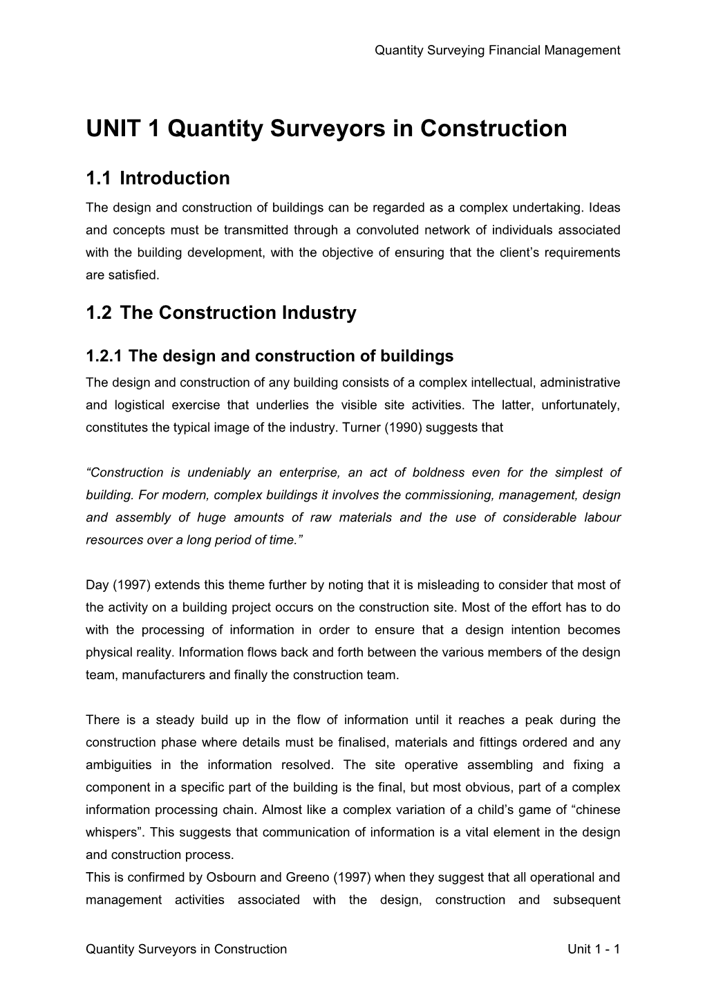 UNIT 1 Quantity Surveyors in Construction