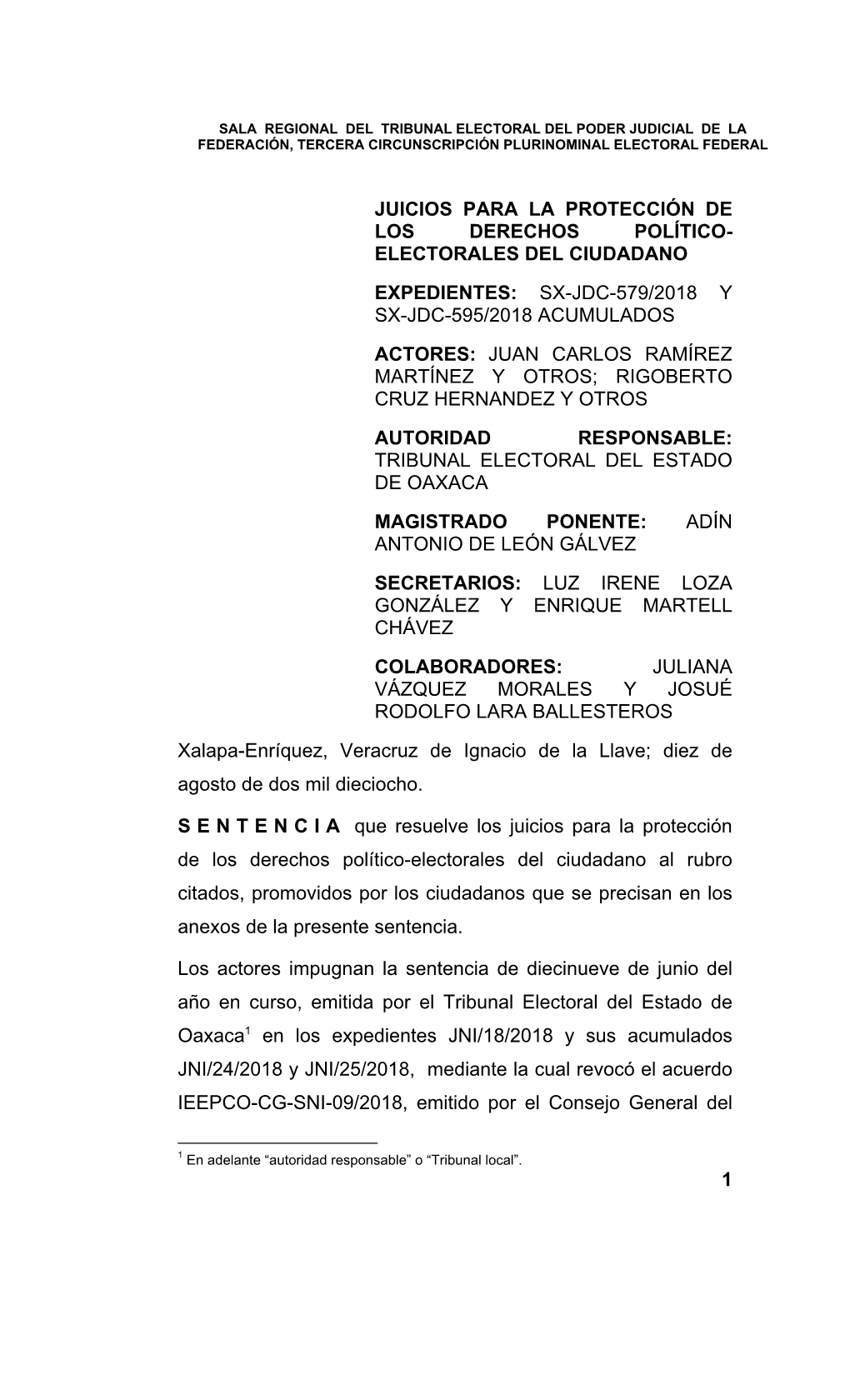 Electorales Del Ciudadano Expedientes: Sx-Jdc-579/2018