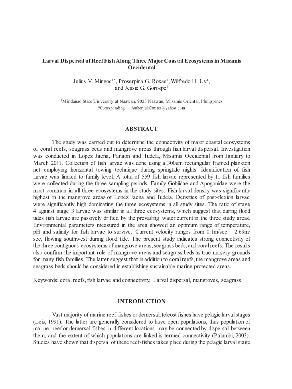 Larval Dispersal of Reef Fish Along Three Major Coastal Ecosystems in Misamis Occidental