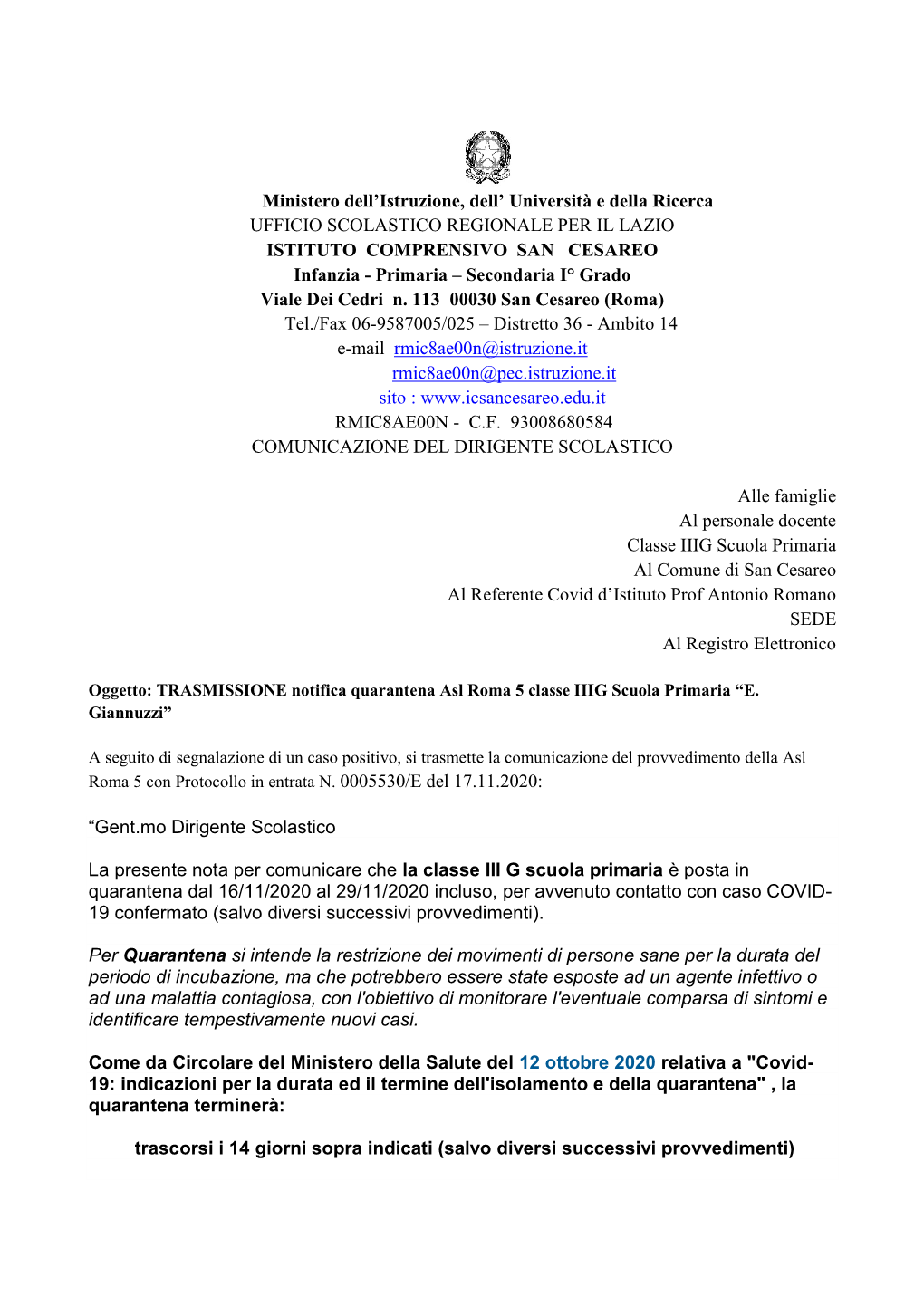 Trasmissione Notifica Quarantena ASL Roma 5 Classe 3G Primaria