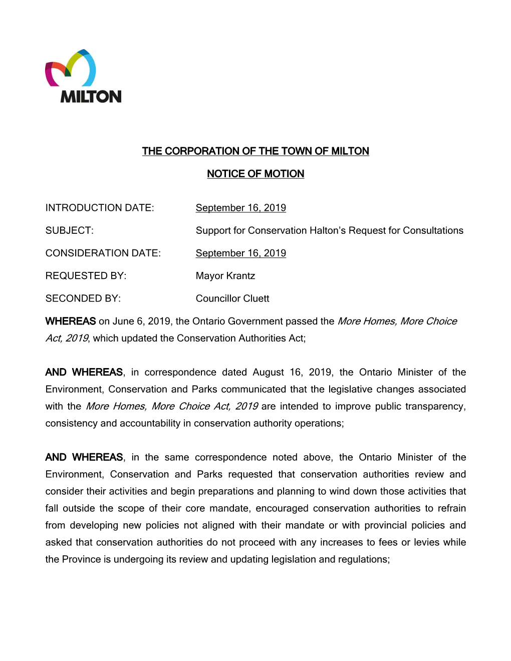The Corporation of the Town of Milton Notice of Motion