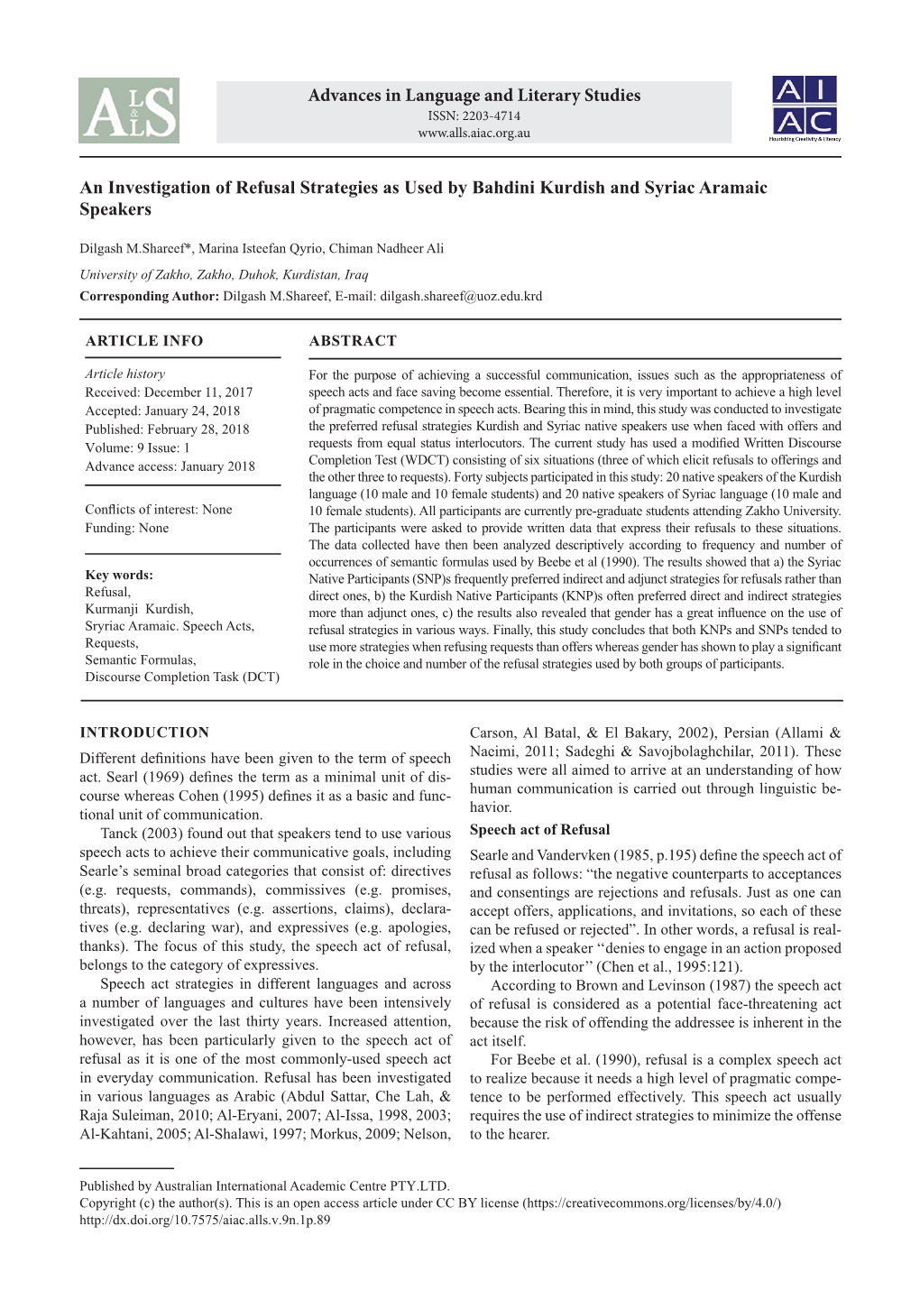 An Investigation of Refusal Strategies As Used by Bahdini Kurdish and Syriac Aramaic Speakers