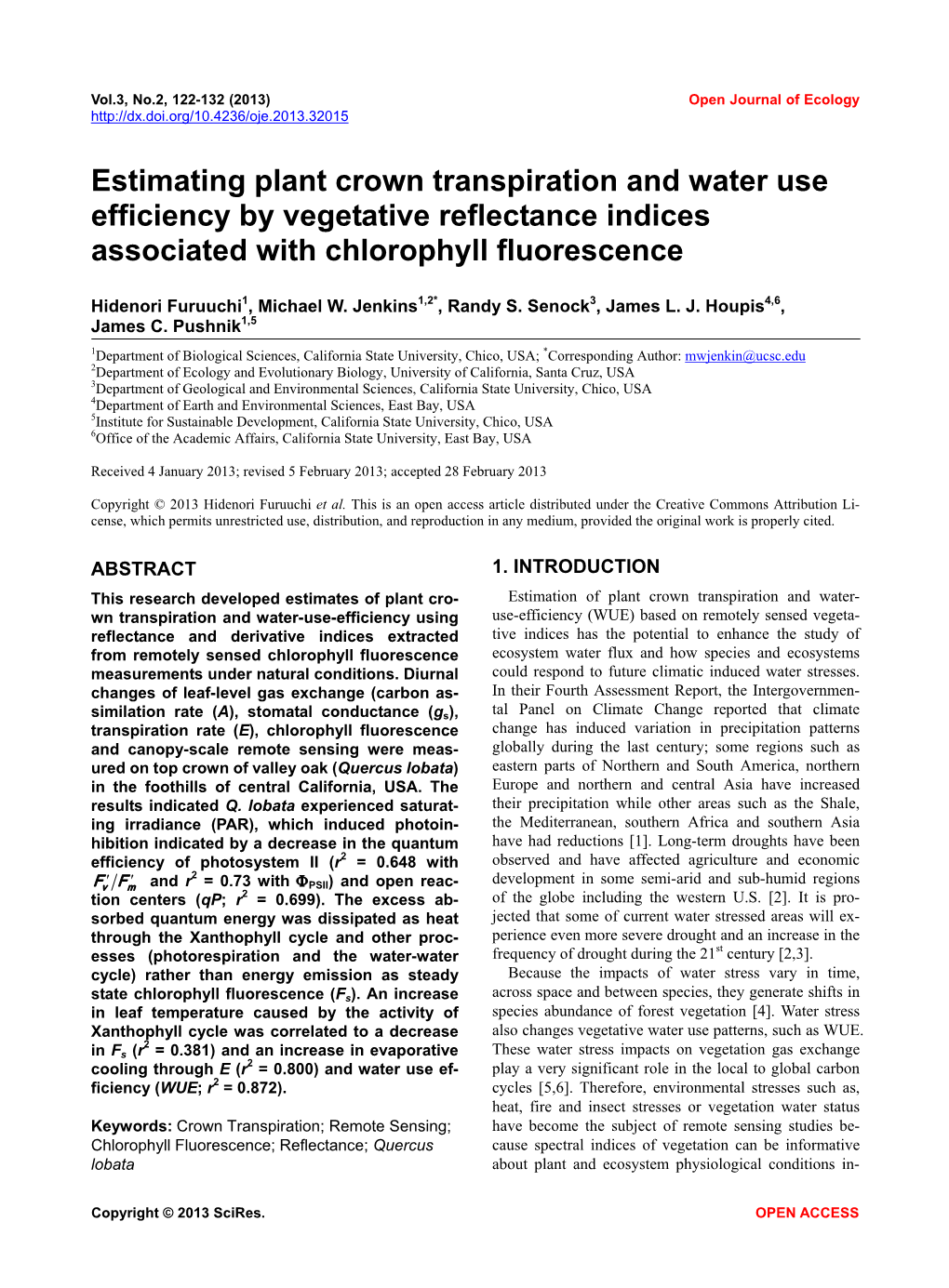 Estimating Plant Crown Transpiration and Water Use Efficiency by Vegetative Reflectance Indices Associated with Chlorophyll Fluorescence