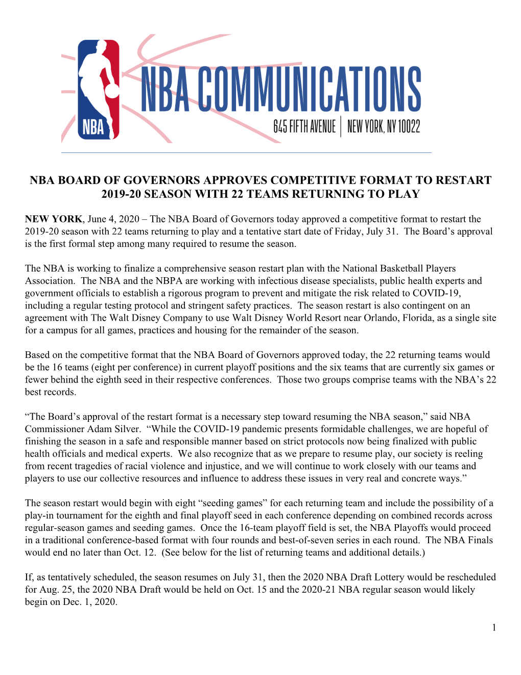 Nba Board of Governors Approves Competitive Format to Restart 2019-20 Season with 22 Teams Returning to Play
