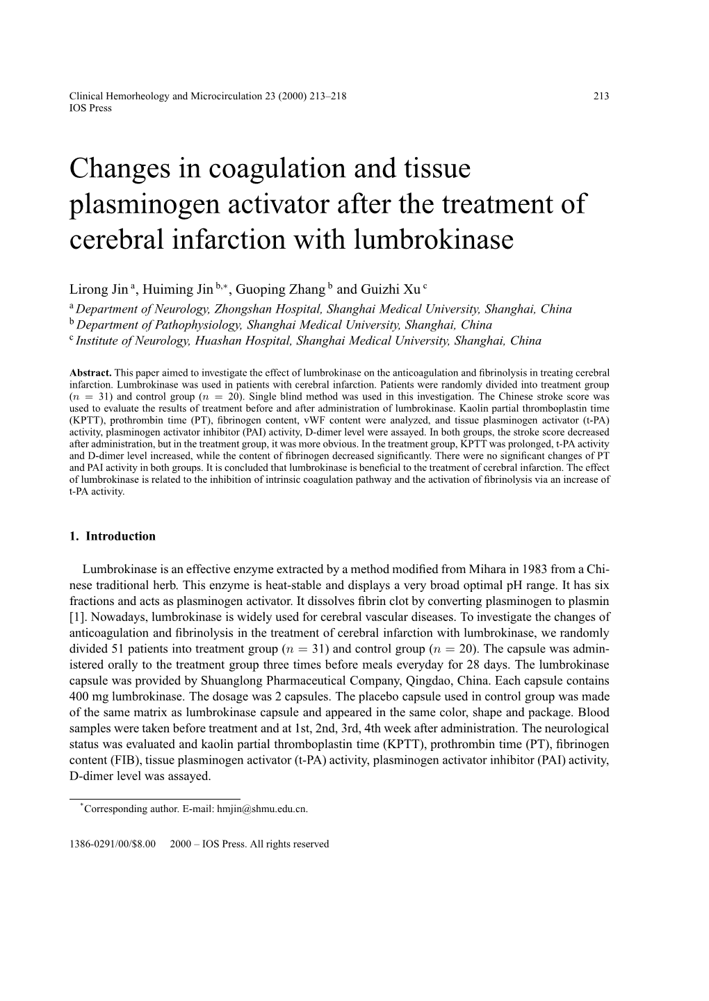 Changes in Coagulation and Tissue Plasminogen Activator After the Treatment of Cerebral Infarction with Lumbrokinase