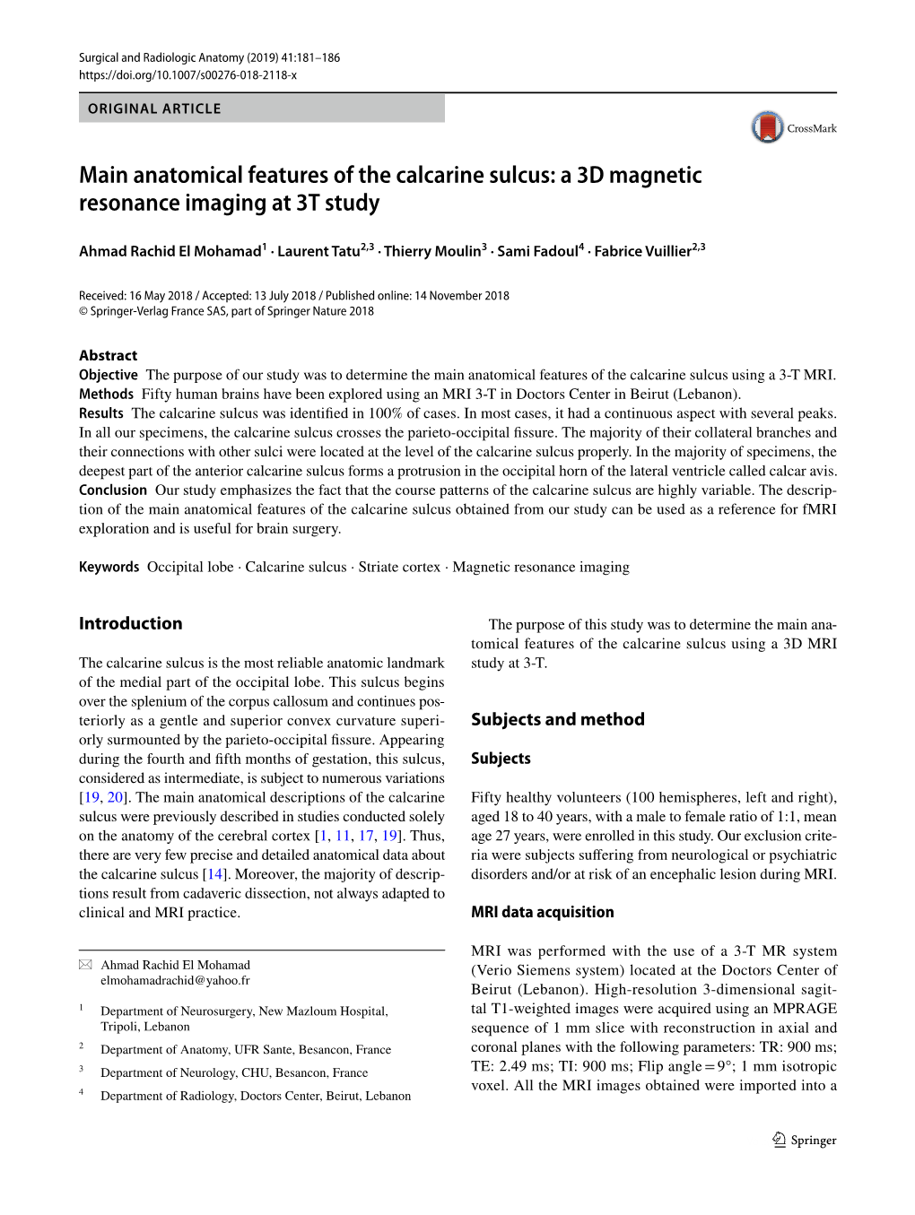 Main Anatomical Features of the Calcarine Sulcus: a 3D Magnetic Resonance Imaging at 3T Study