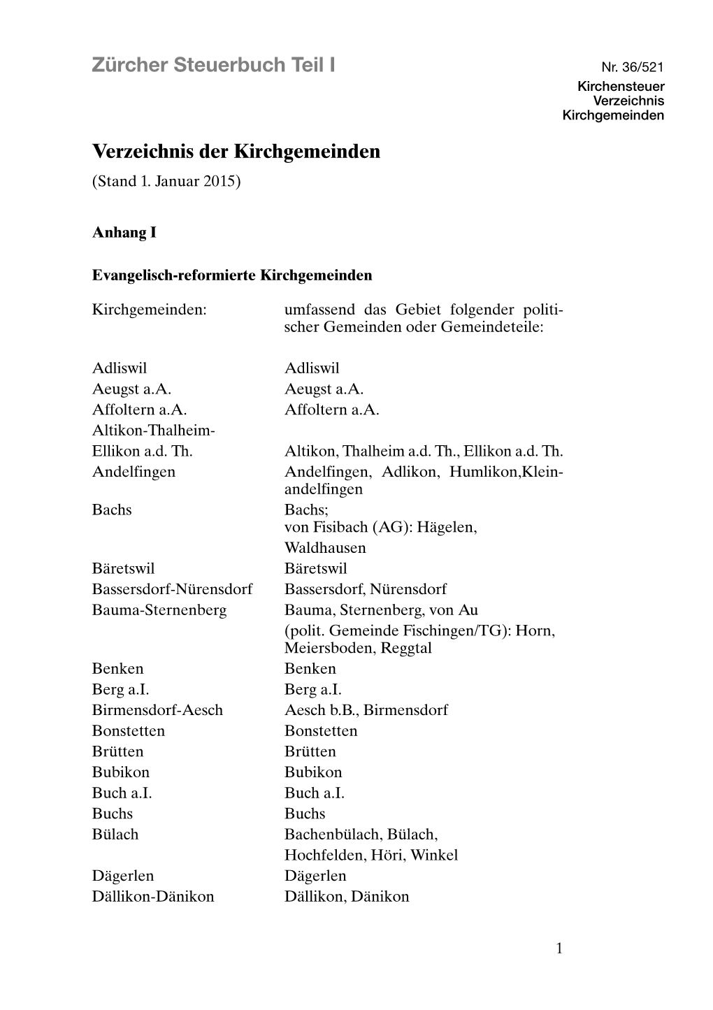 Zürcher Steuerbuch Teil I Verzeichnis Der Kirchgemeinden