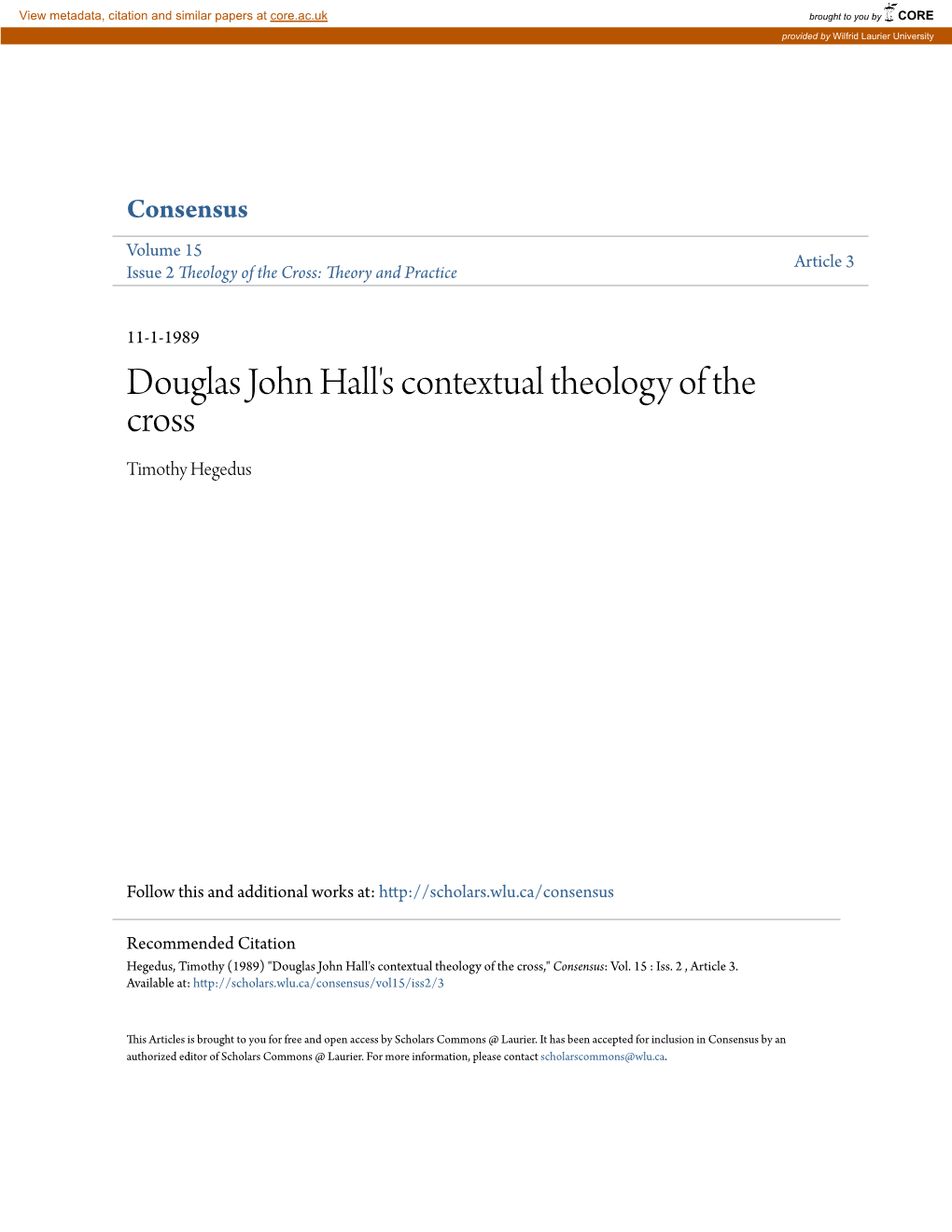 Douglas John Hall's Contextual Theology of the Cross Timothy Hegedus