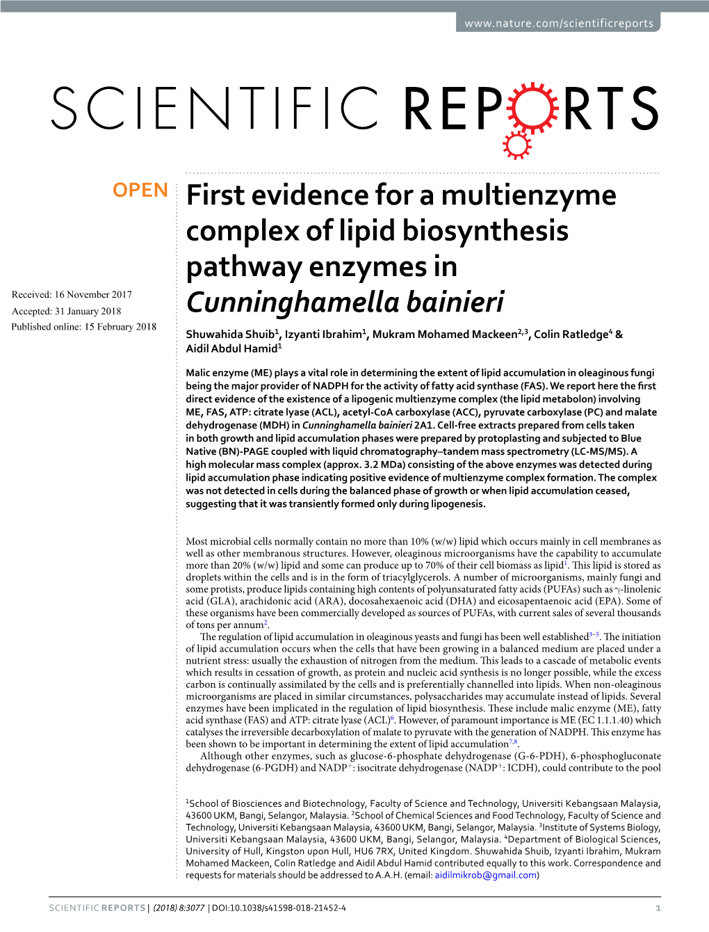 First Evidence for a Multienzyme Complex of Lipid Biosynthesis