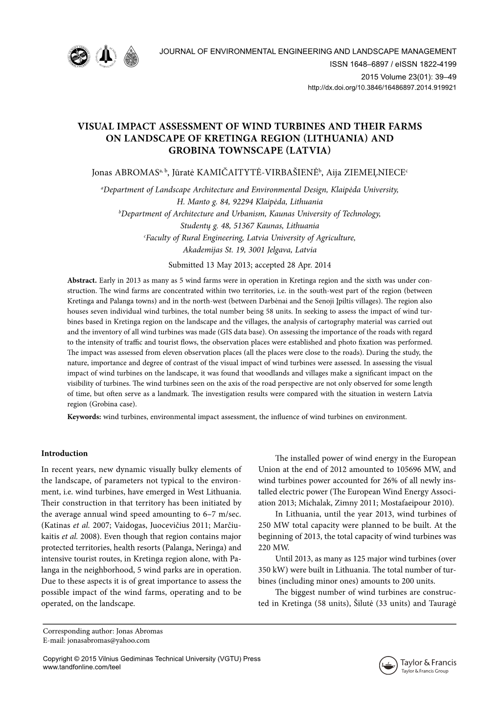 Visual Impact Assessment of Wind Turbines and Their Farms on Landscape of Kretinga Region