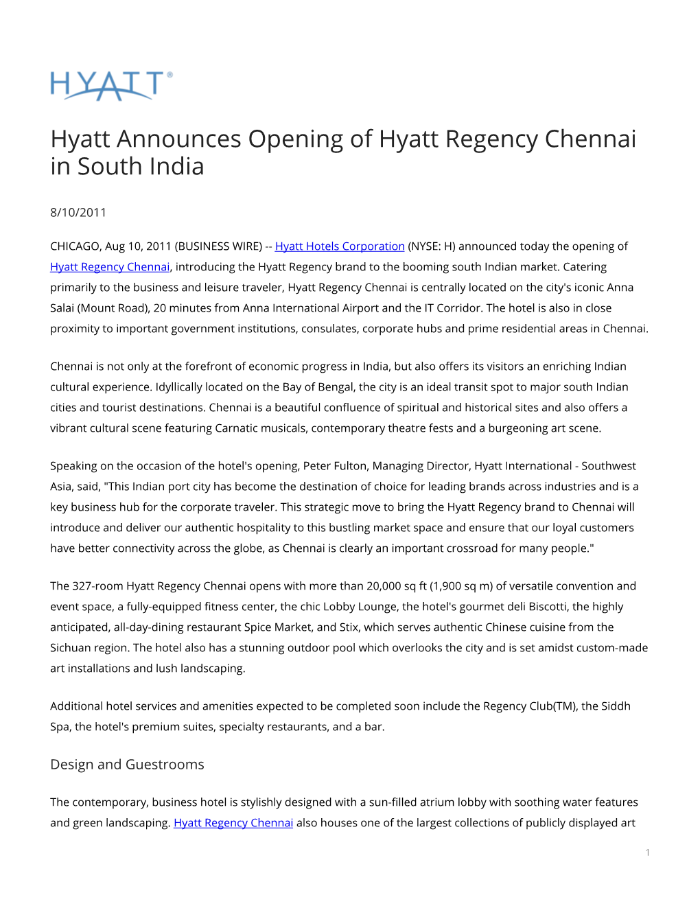 Hyatt Announces Opening of Hyatt Regency Chennai in South India