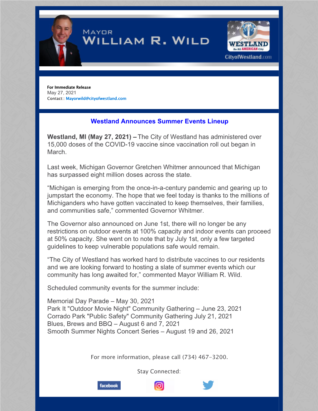 Westland Announces Summer Events Lineup Westland, MI (May 27, 2021