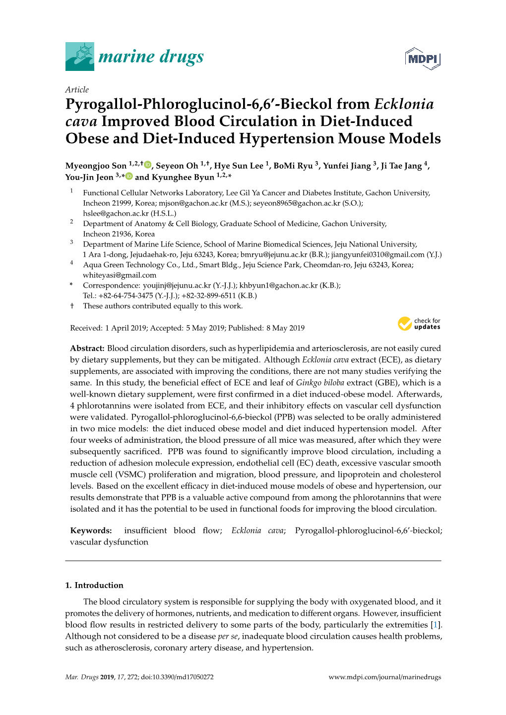 Pyrogallol-Phloroglucinol-6,6’-Bieckol from Ecklonia Cava Improved Blood Circulation in Diet-Induced Obese and Diet-Induced Hypertension Mouse Models