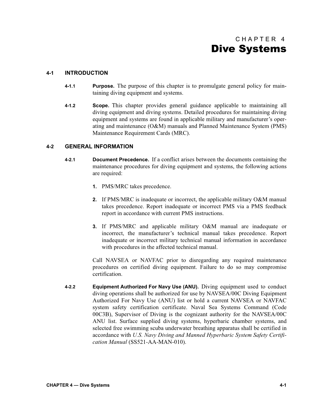 Dive Systems 4-1 the Publication for Continuation of Certification Handbook for U.S