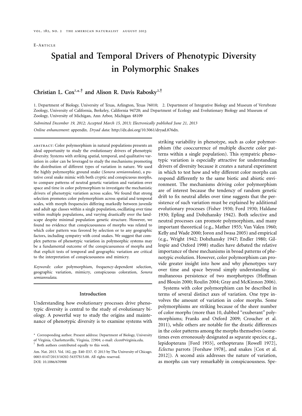 Spatial and Temporal Drivers of Phenotypic Diversity in Polymorphic Snakes