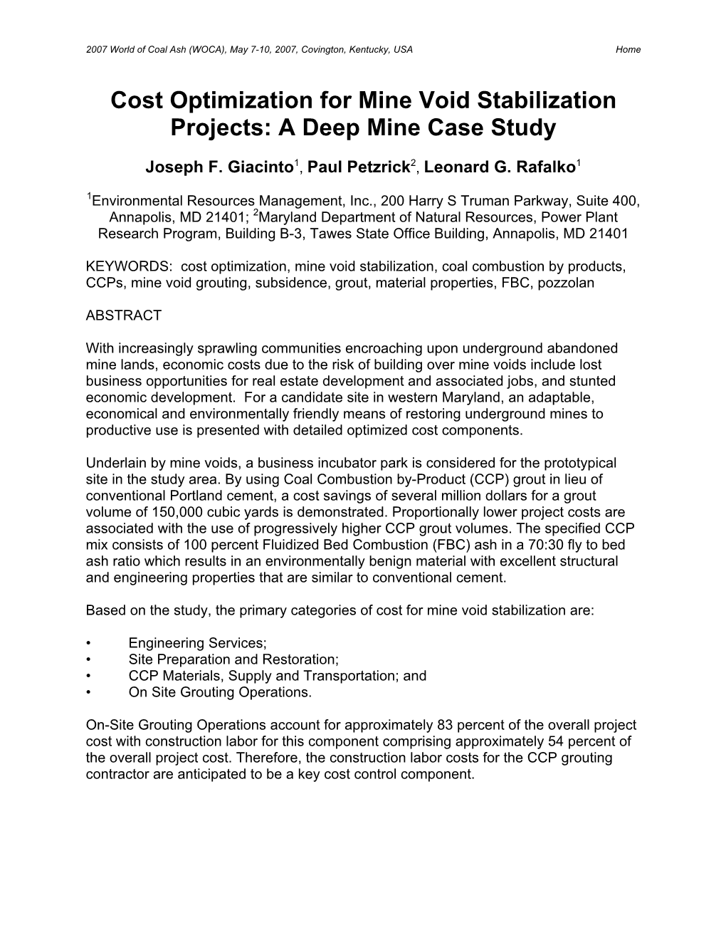 Cost Optimization for Mine Void Stabilization Projects: a Deep Mine Case Study