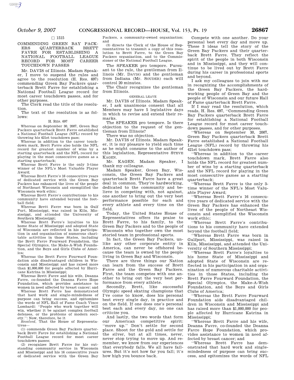 CONGRESSIONAL RECORD—HOUSE, Vol. 153, Pt. 19 26867 B 1515 Packers, a Community-Owned Organization; Compete with One Another