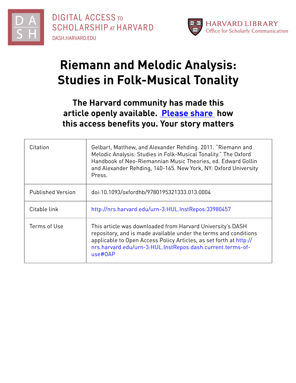 Riemann and Melodic Analysis: Studies in Folk-Musical Tonality