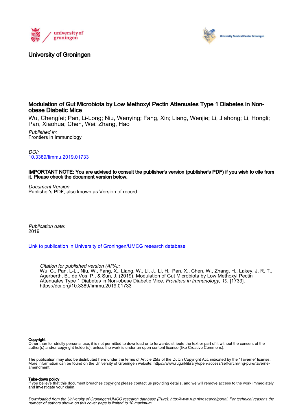 Modulation of Gut Microbiota by Low Methoxyl Pectin Attenuates Type 1