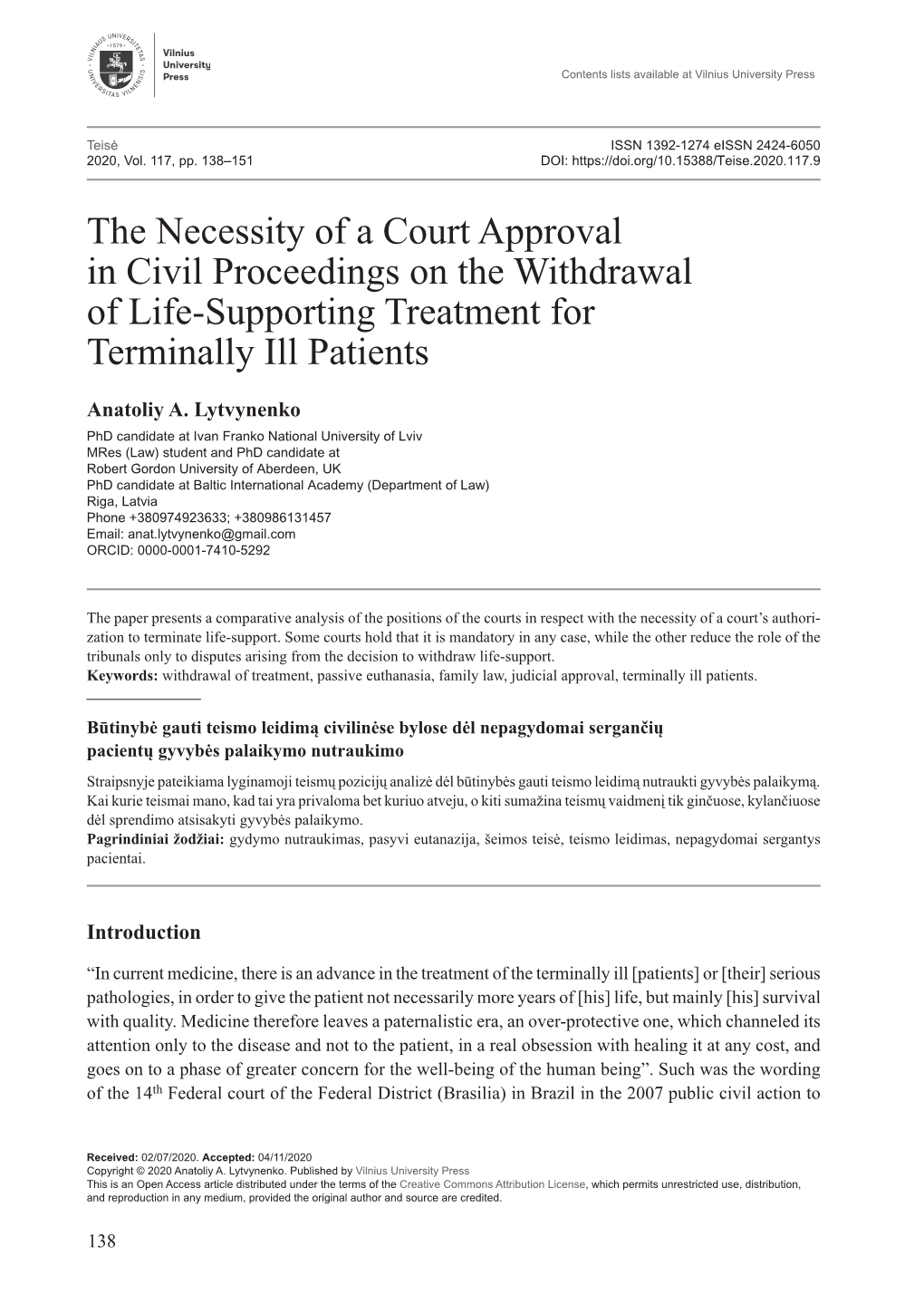 The Necessity of a Court Approval in Civil Proceedings on the Withdrawal of Life-Supporting Treatment for Terminally Ill Patients
