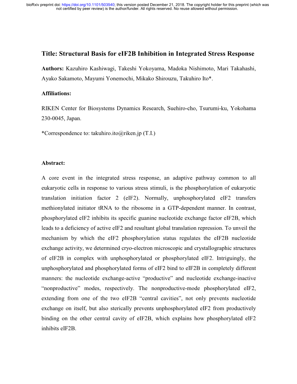 Structural Basis for Eif2b Inhibition in Integrated Stress Response