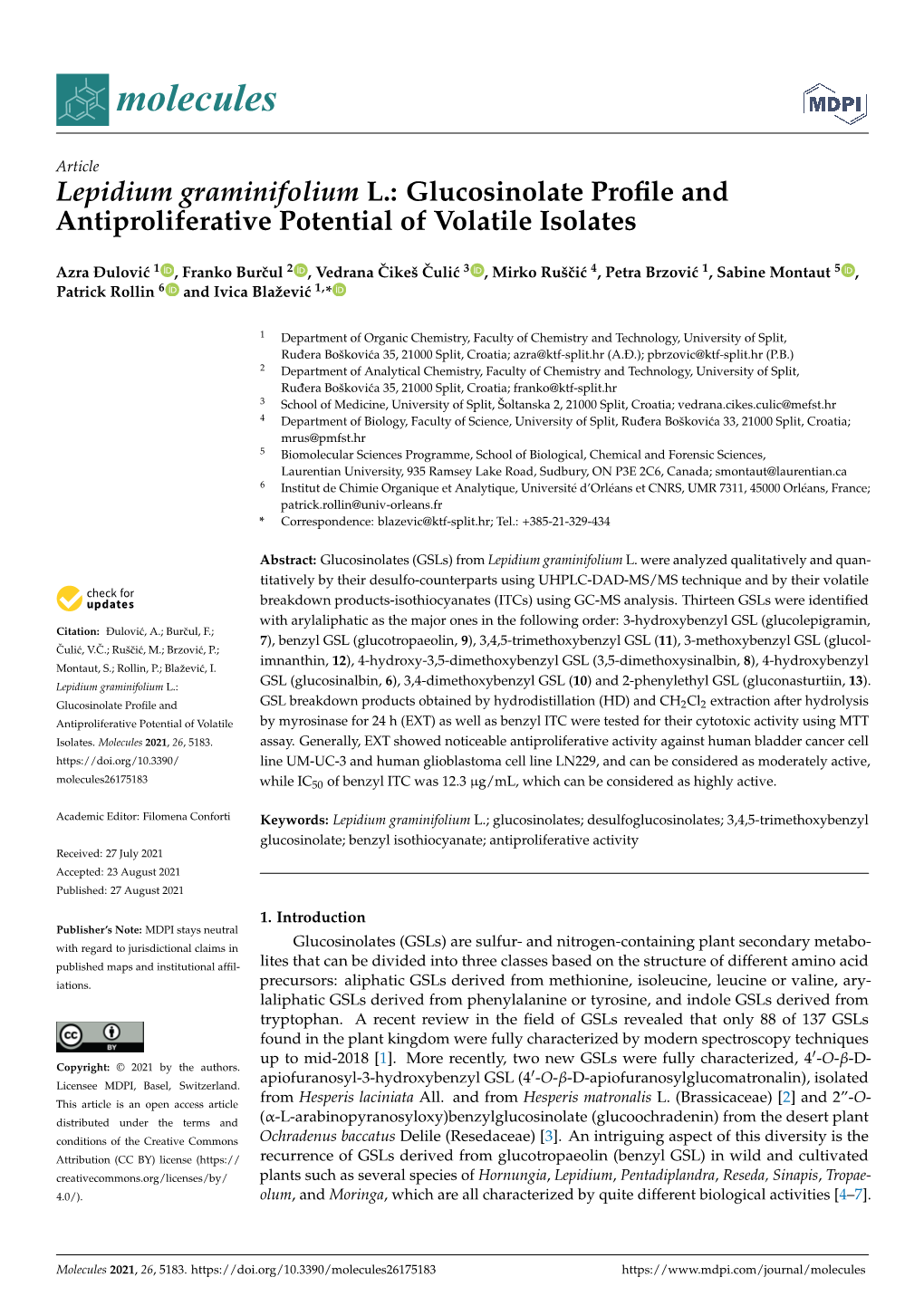 Lepidium Graminifolium L.: Glucosinolate Profile And