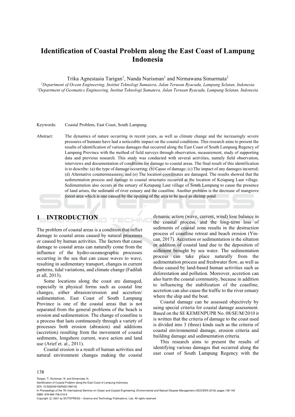 Identification of Coastal Problem Along the East Coast of Lampung Indonesia