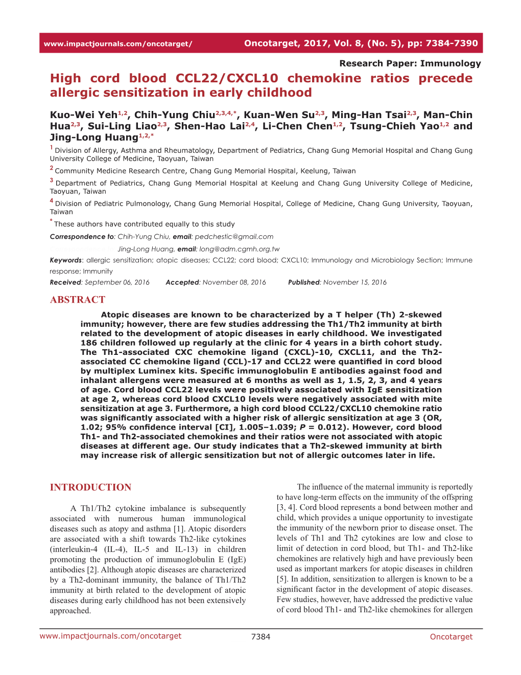 High Cord Blood CCL22/CXCL10 Chemokine Ratios Precede Allergic Sensitization in Early Childhood