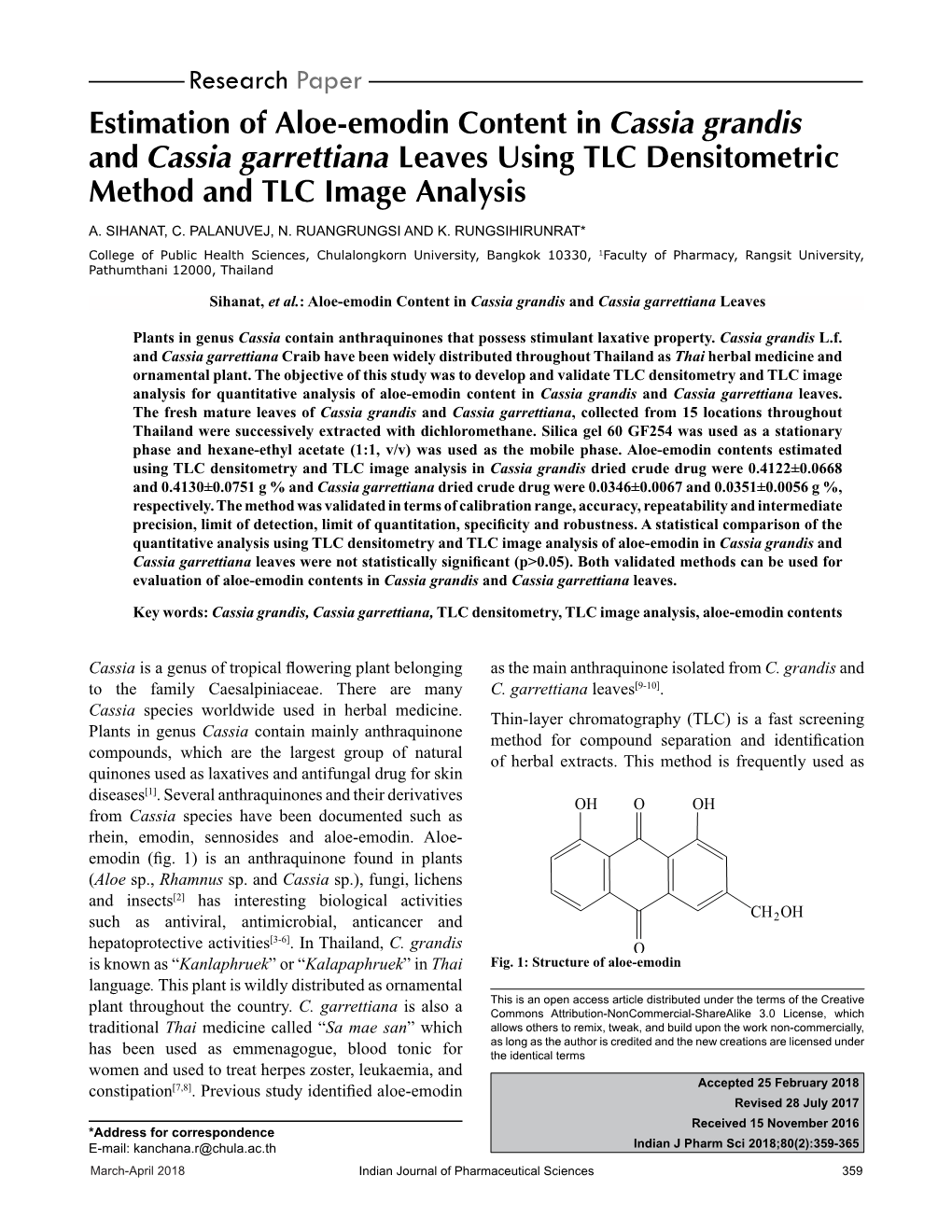 Estimation of Aloe-Emodin Content in Cassia Grandis and Cassia Garrettiana Leaves Using TLC Densitometric Method and TLC Image Analysis