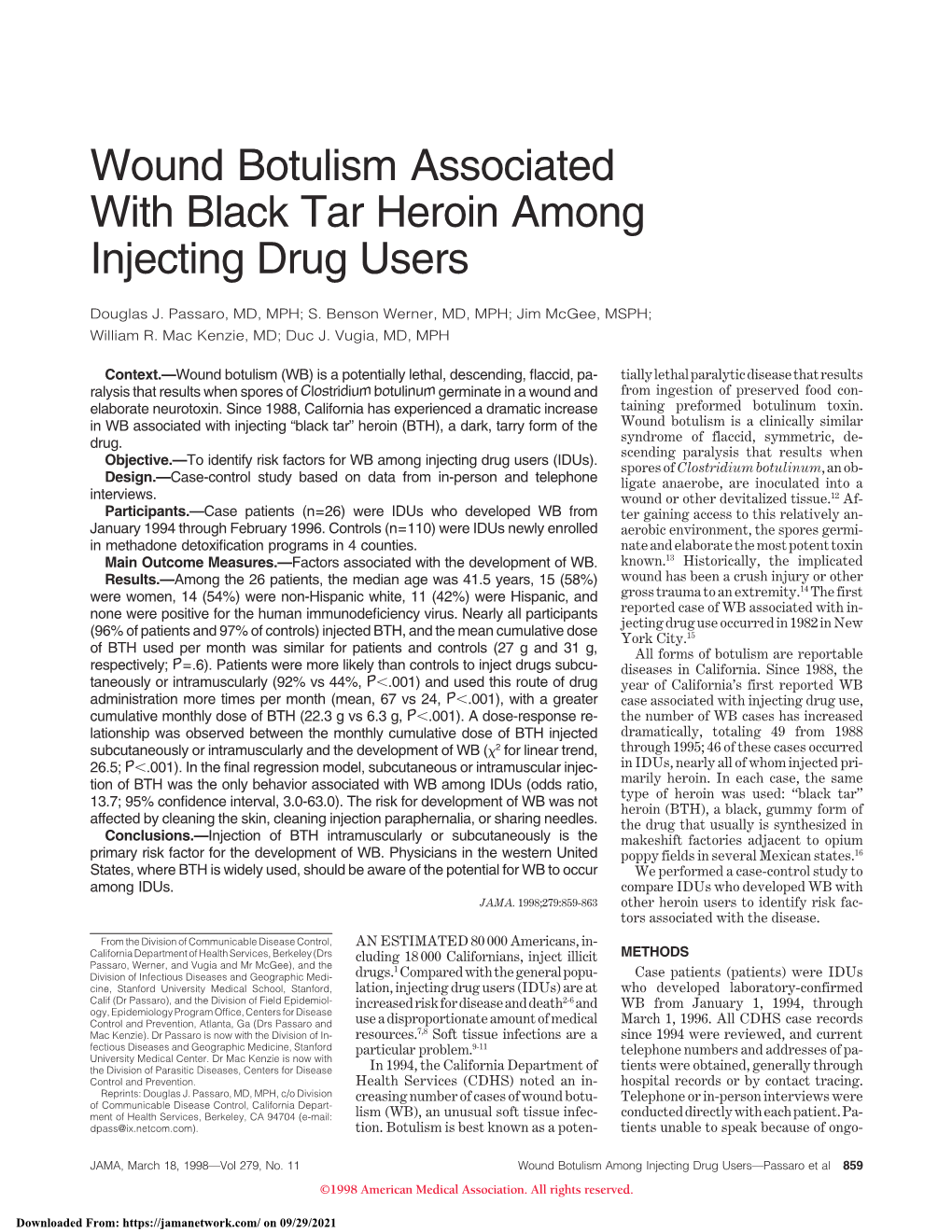 Wound Botulism Associated with Black Tar Heroin Among Injecting Drug Users