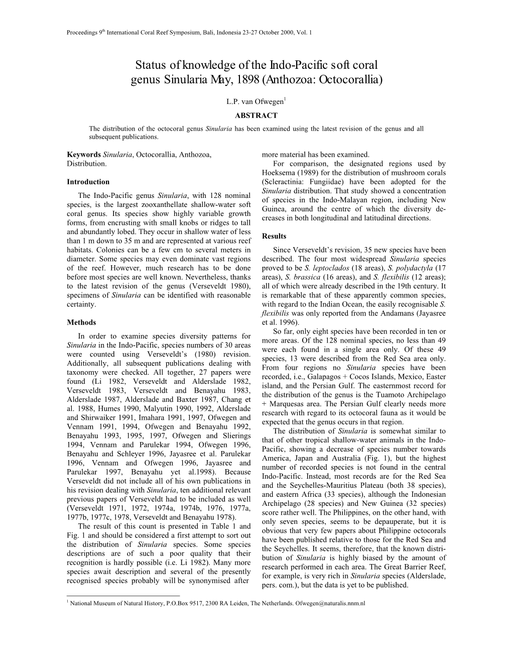 Status of Knowledge of the Indo-Pacific Soft Coral Genus Sinularia May, 1898 (Anthozoa: Octocorallia)