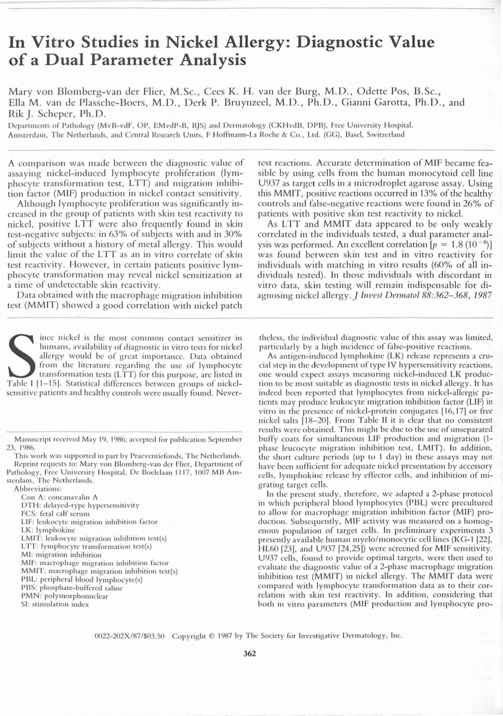 In Vitro Studies in Nickel Allergy: Diagnostic Value of a Dual Parameter Analysis