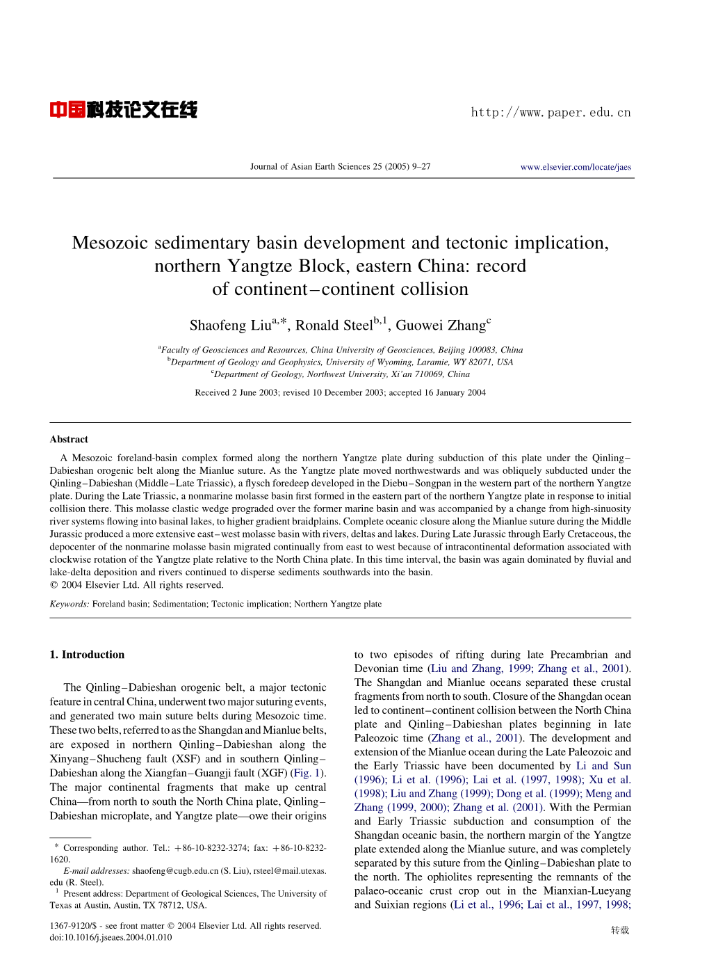 Mesozoic Sedimentary Basin Development and Tectonic Implication, Northern Yangtze Block, Eastern China: Record of Continent–Continent Collision