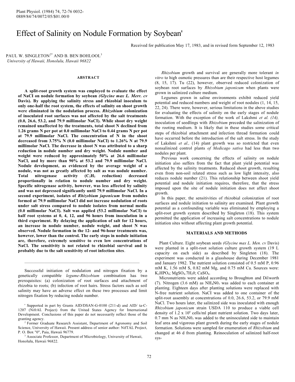 Effect of Salinity on Nodule Formation by Soybean'