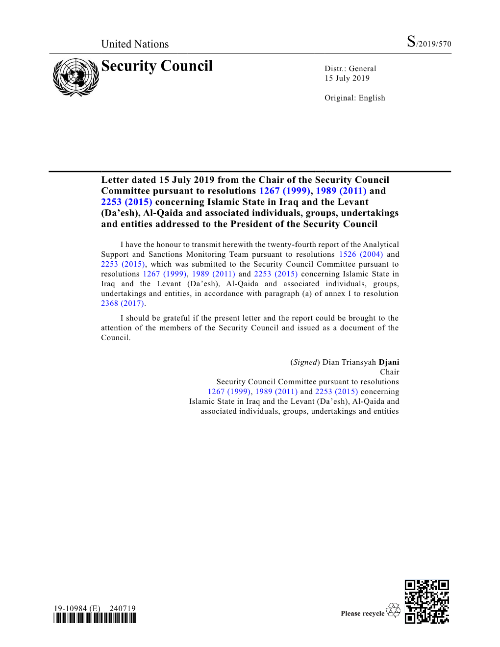 Letter Dated 15 July 2019 from the Chair of the Security Council