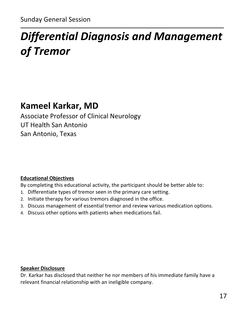 Differential Diagnosis and Management of Tremor