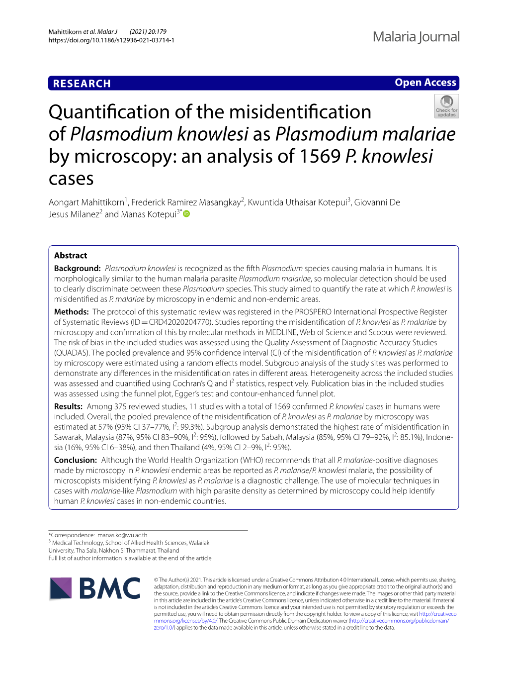 Quantification of the Misidentification of Plasmodium Knowlesi As Plasmodium Malariae by Microscopy: an Analysis of 1569 P. Know