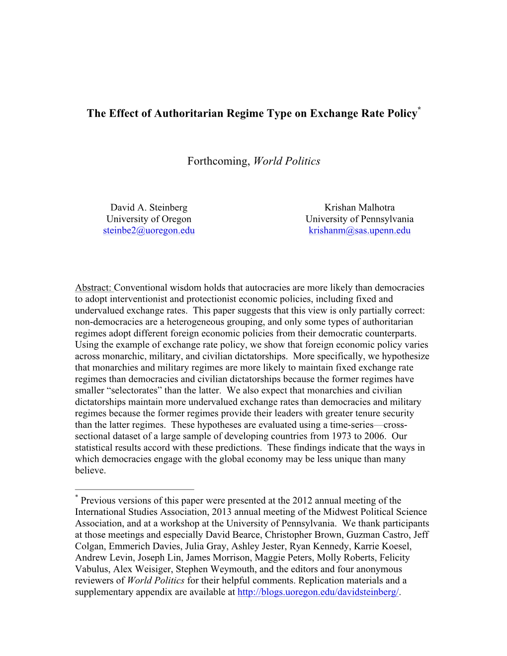 The Effect of Authoritarian Regime Type on Exchange Rate Policy*