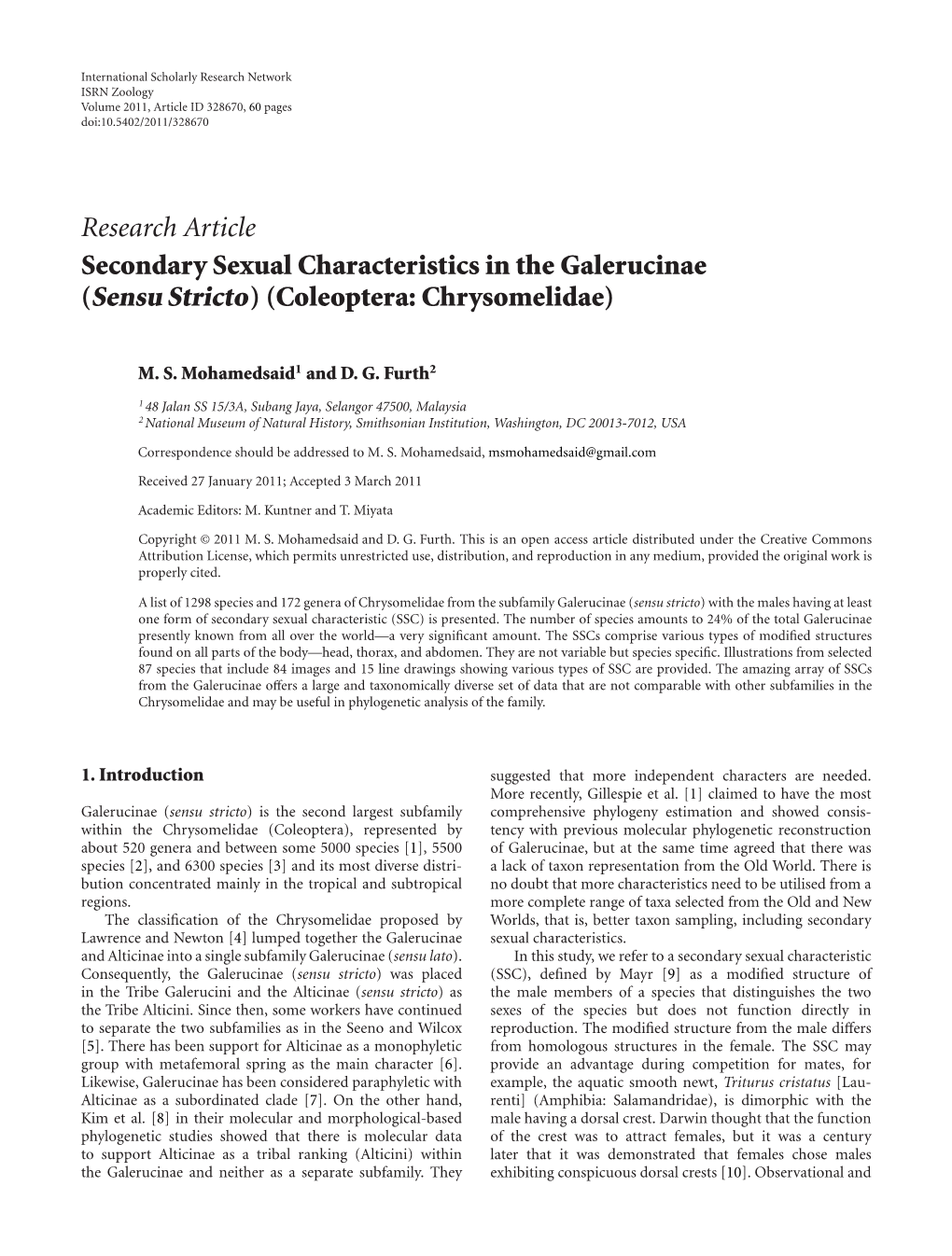 Secondary Sexual Characteristics in the Galerucinae (Sensu Stricto)(Coleoptera: Chrysomelidae)