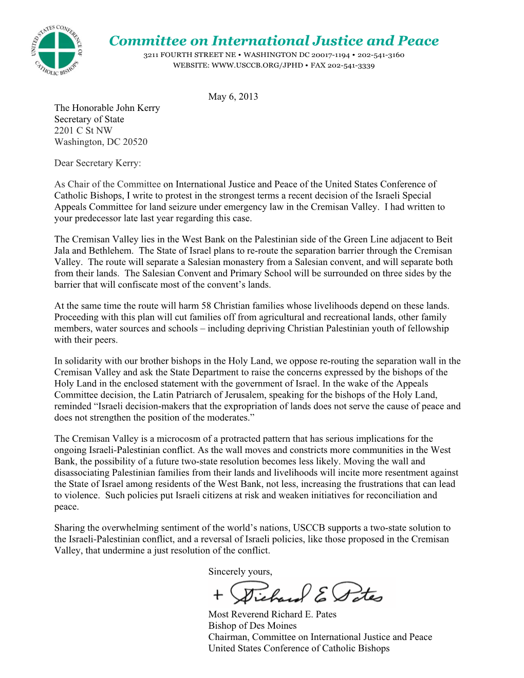 Letter to Secretary of State Kerry on Cremisan Valley in the Holy Land