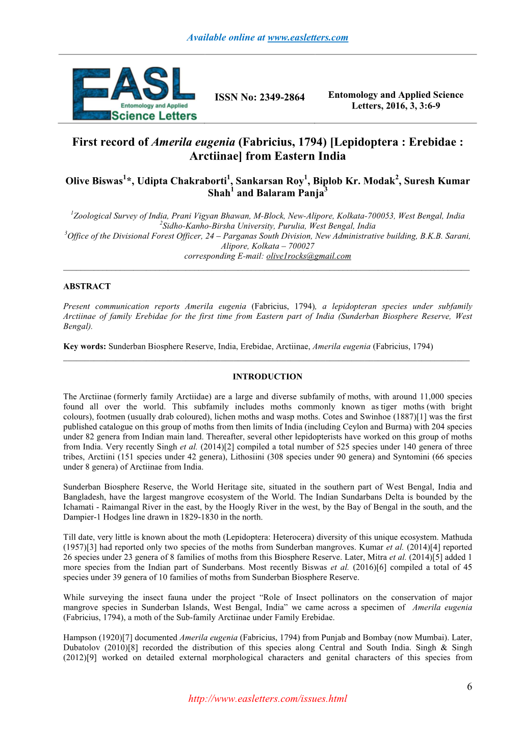 First Record of Amerila Eugenia (Fabricius, 1794) [Lepidoptera : Erebidae : Arctiinae] from Eastern India