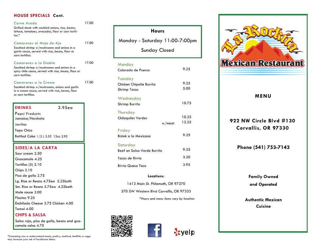 (541) 753-7143 MENU 922 NW Circle Blvd #130 Corvallis, OR 97330