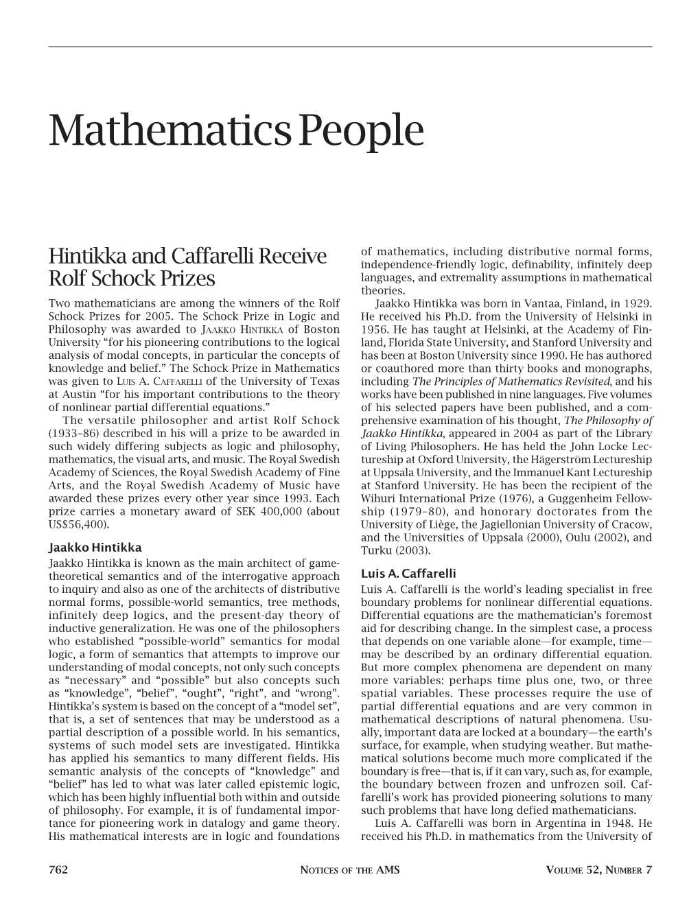 Mathematics People, Volume 52, Number 7